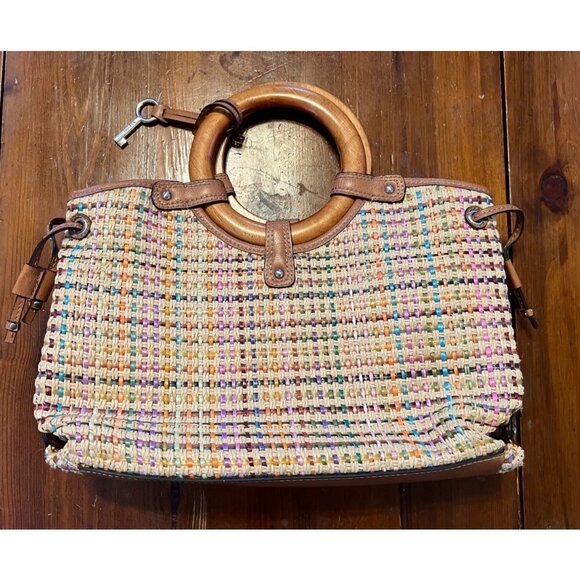 Fossil women's woven fabric handbag with circular handles, medium size, leather - Picture 1 of 11